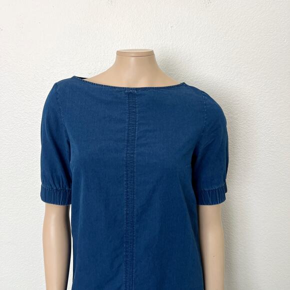 [COS] Blue Chambray Denim Half Sleeve Boat Neck Shift A-Line Mini Dress Size 6 - Picture 4 of 13